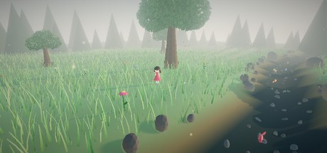 Forest Stroll — 小川のそばの空き地に立つ赤いワンピースの女の子