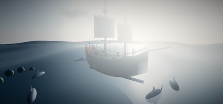 Storm Ahead — 嵐のうねりに揺れる三本マストの帆船と、そのまわりを回るサメ